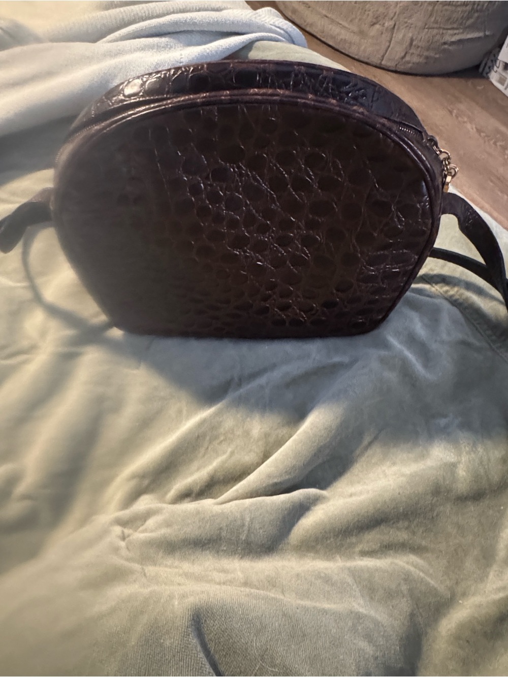 Salvatore Ferragamo Dark Brown Croc-Embossed Shoulder Bag with Gold Hardware